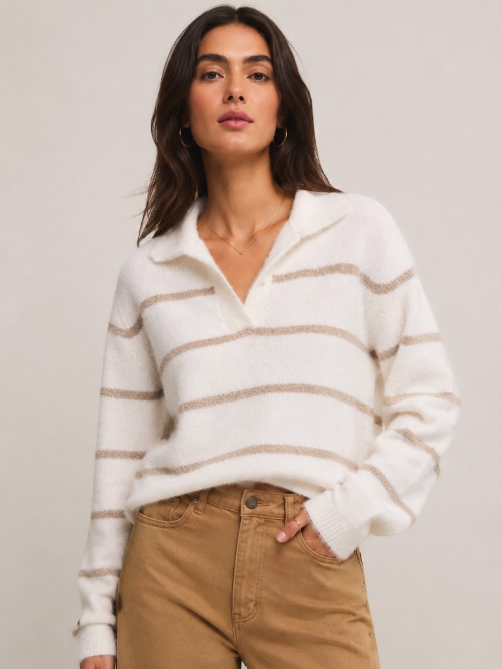 NWOT Z Supply Monique Stripe Sweater Fuzzy Knit Collared V-Neck Size Small